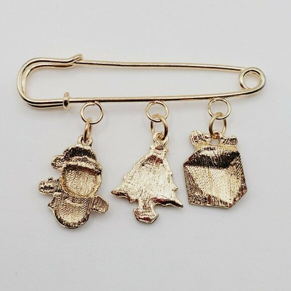 Christmas Brooch & Pin Gold Tone Christmas Present Brooch & Safety Pin Style - Picture 9 of 10